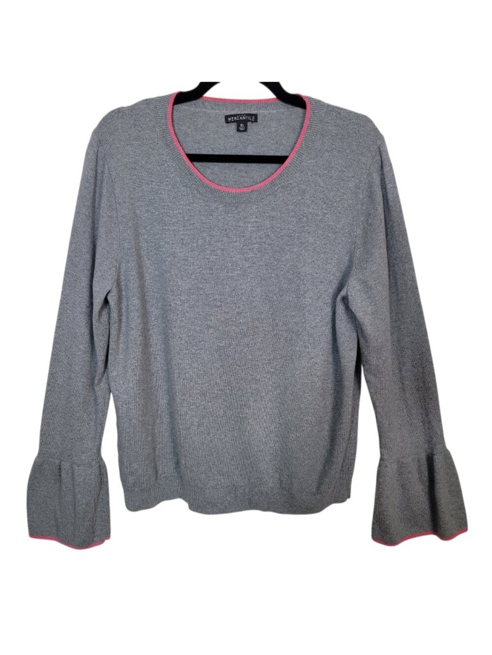 J. New Mercantile Gray Pink Trim Bell Sleeve Sweater Cotton Merino Wool Sz XL